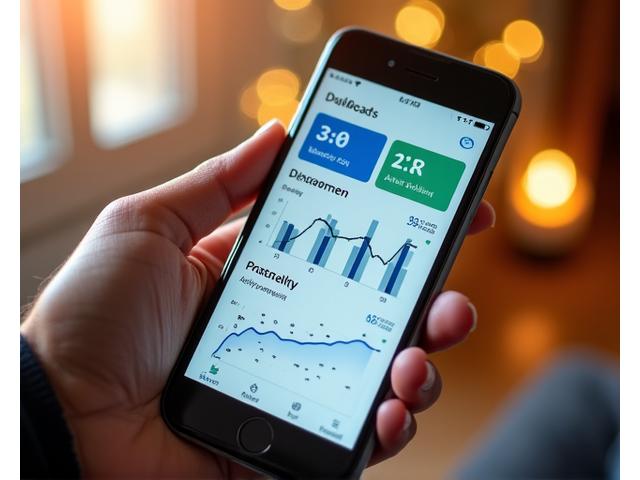 Wykres analizy danych zdrowotnych na ekranie smartfona, z widocznym postępem wagi i aktywności fizycznej, demonstrujący monitoring wyników.